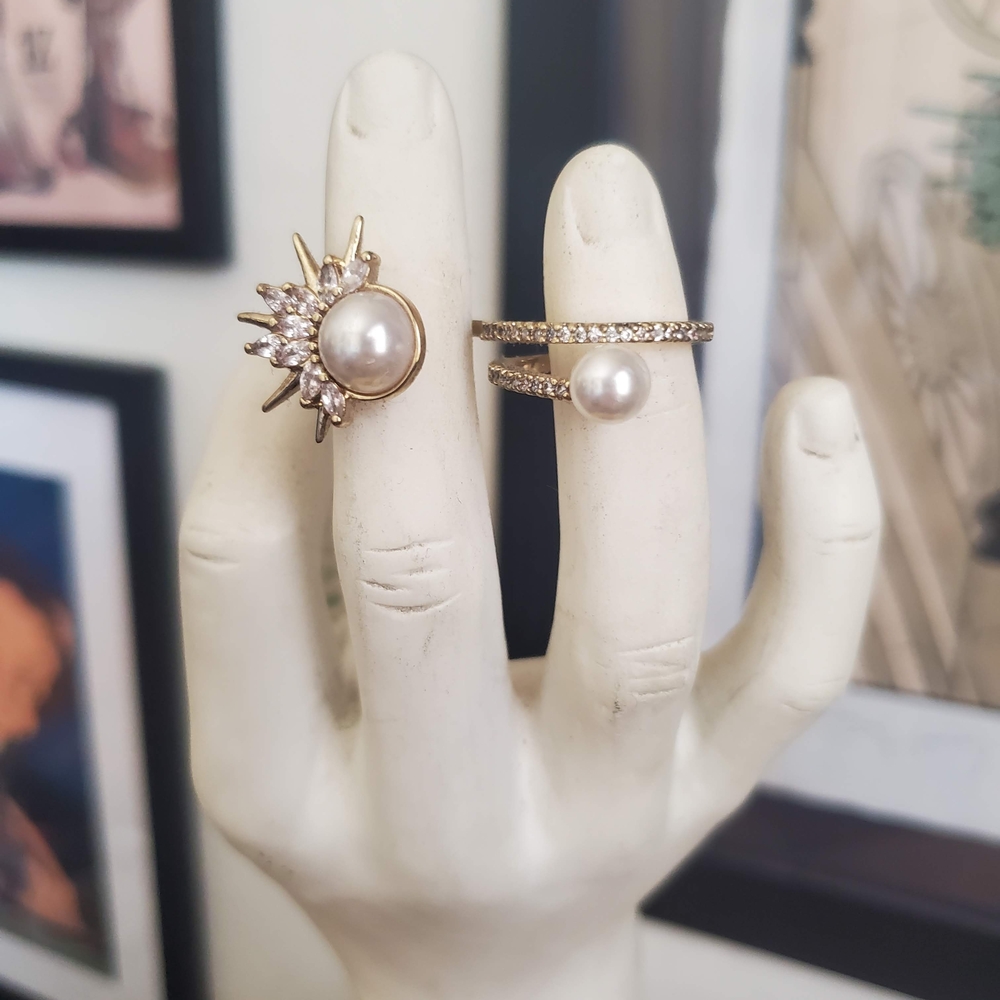 Gold Pearl and Crystal Sunburst Ring Set
